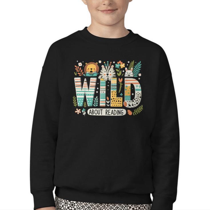 Wild About Reading Bookworm Book Reader Zoo Animals Youth Crewneck Sweatshirt