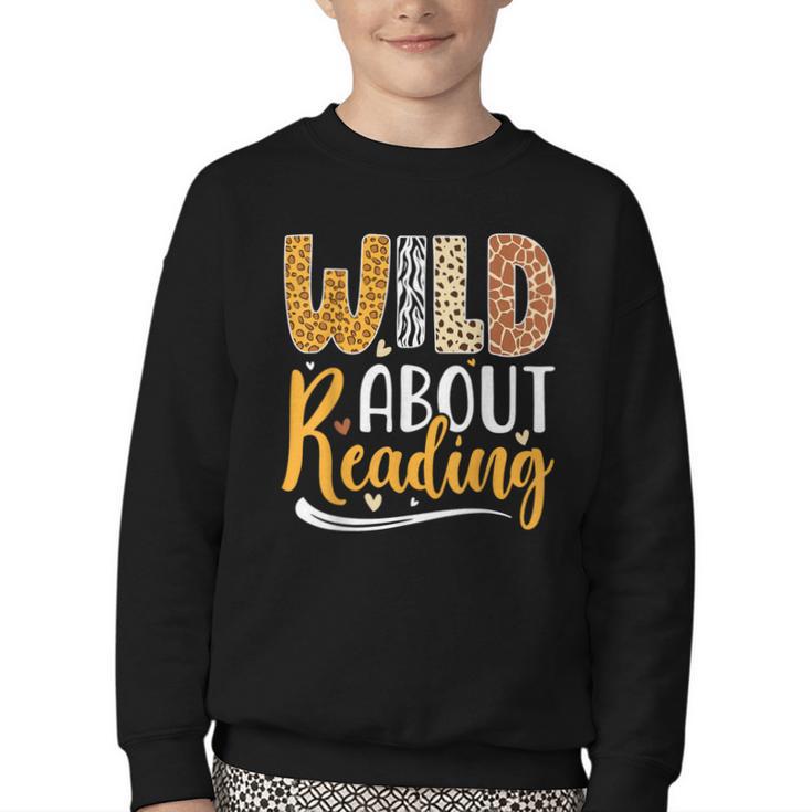 Wild About Reading Lover Bookworm Library Teacher Zoo Animal Youth Crewneck Sweatshirt