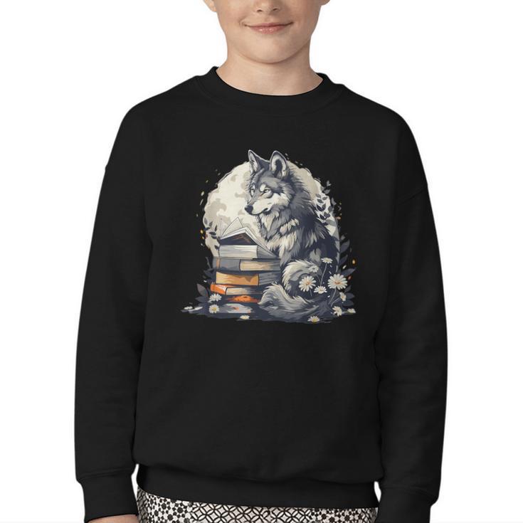 Wolf Reading Book Librarian Library Wolves Youth Crewneck Sweatshirt