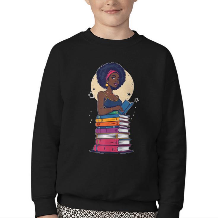 Woman And Books Stack Afro Girl Reading Lover Youth Crewneck Sweatshirt