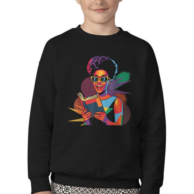 Woman Reading Book Lover Geometric Girl Afro History Youth Crewneck Sweatshirt