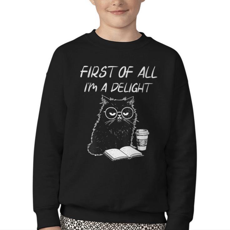 Women's First Of All I’m A Delight Cute Cat Books Coffee Humor Youth Crewneck Sweatshirt