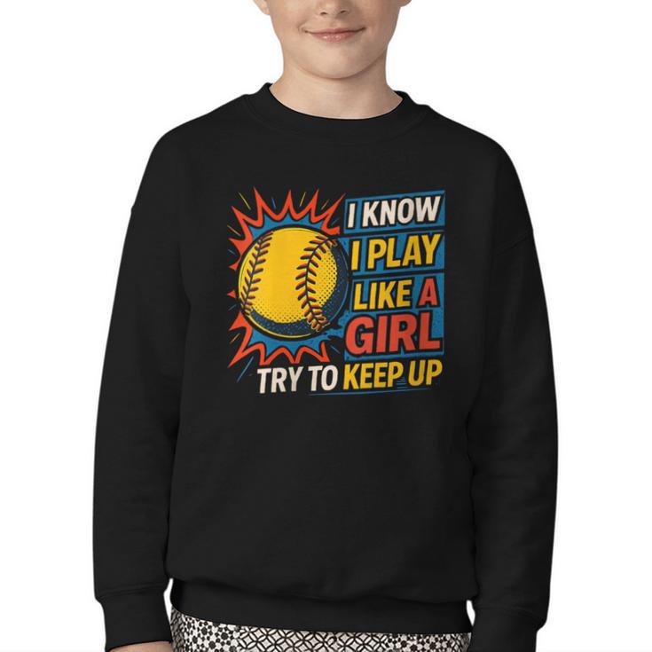 Women's Girls Softball Play Like A Girl Comic Book Pop Art Youth Crewneck Sweatshirt