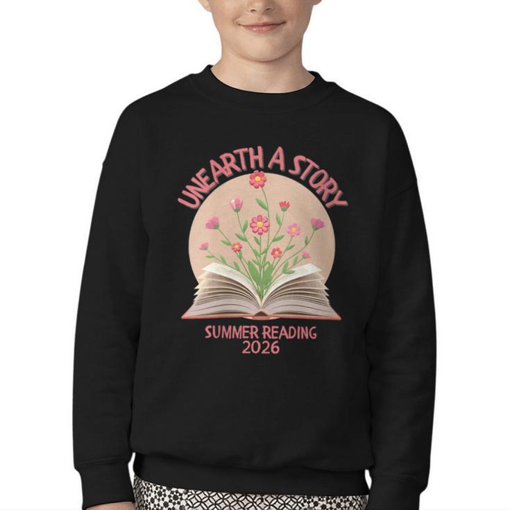Women's Unearth a Story 2026 Summer Reading Program Flowers Book Youth Crewneck Sweatshirt