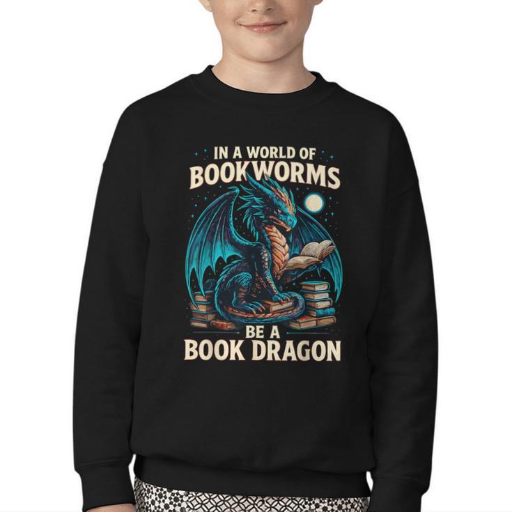 In a World Of Bookworms Be a Book Dragon Reading Youth Crewneck Sweatshirt