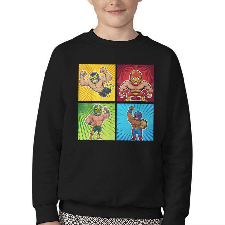 Wrestling Comic Book Wrestler Mexican Lucha Libre Mask Youth Crewneck Sweatshirt