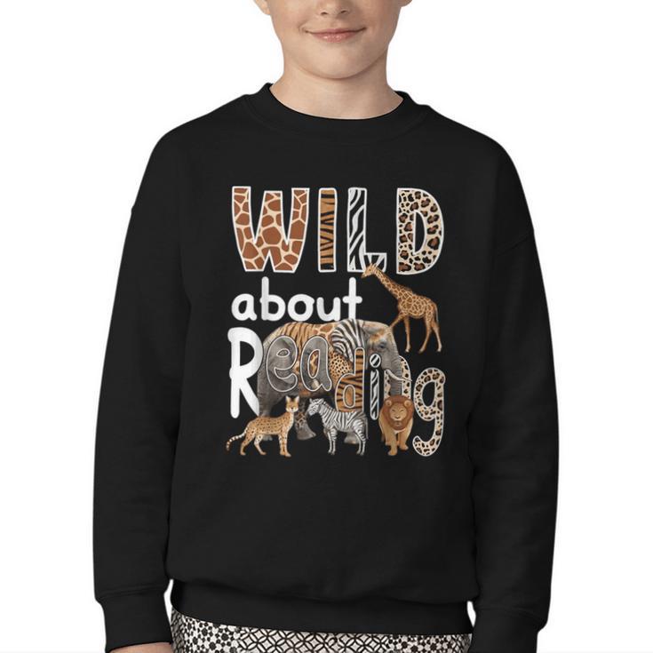 Zoo Animals Wild About Reading Books Reader Lover Librarian Youth Crewneck Sweatshirt
