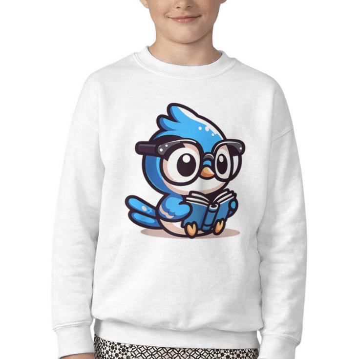 Adorable Book Lover Blue Jay With Reading Glasses Cute Raglan Baseball Tee Youth Crewneck Sweatshirt