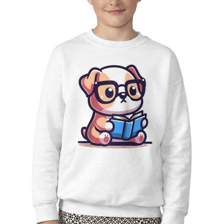 Adorable Book Lover Bulldog With Reading Glasses Cute Raglan Baseball Tee Youth Crewneck Sweatshirt