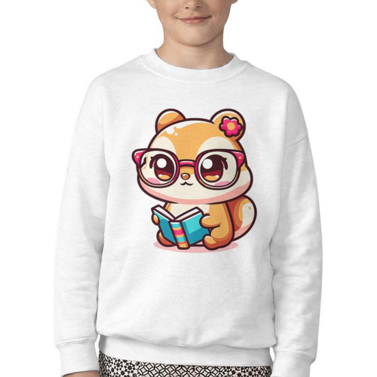 Adorable Book Lover Chipmunk With Reading Glasses Cute Premium Youth Crewneck Sweatshirt