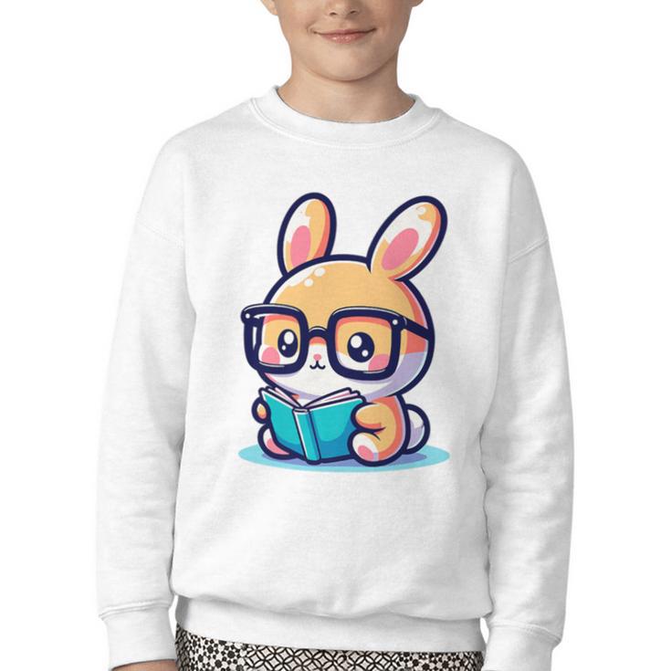 Adorable Book Lover Rabbit With Reading Glasses Cute Premium Youth Crewneck Sweatshirt