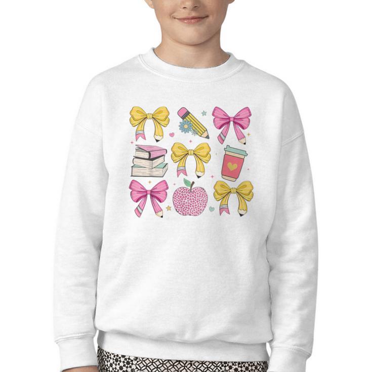 Apple Coquette Bow Books First Day Of School Back To School Youth Crewneck Sweatshirt