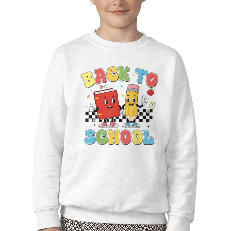 Back To School Checkered Book Pencil Groovy Teacher Student Youth Crewneck Sweatshirt