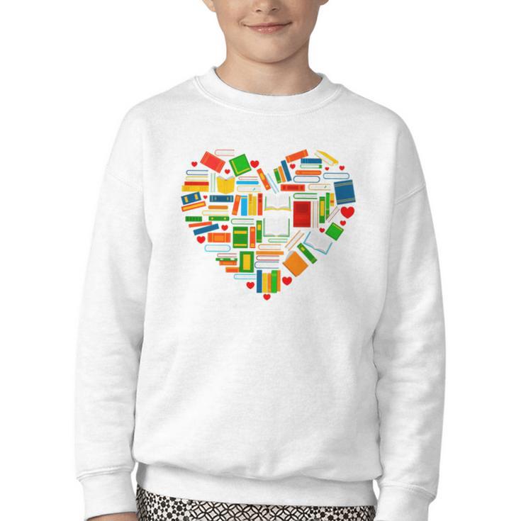 Book Lover Librarian Books Heart Valentine Youth Crewneck Sweatshirt