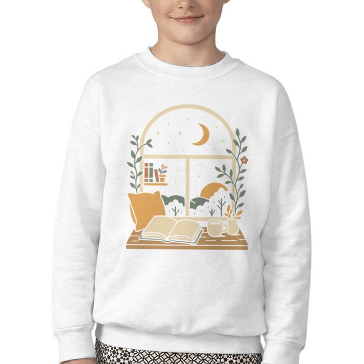 Book Lover Moonlight Reading Scene Night Youth Crewneck Sweatshirt