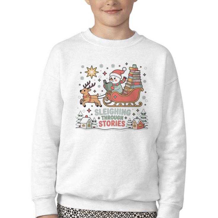 Book Lovers Winter Sleighing Through Stories Tee Premium Tri-Blend Youth Crewneck Sweatshirt