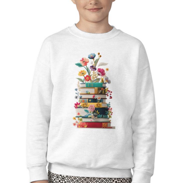 Book Stack With Flowers Reading Lover Bookish Youth Crewneck Sweatshirt