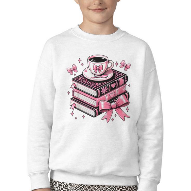 All Booked For Valentine's Teacher Coquette Bow Coffee Book Youth Crewneck Sweatshirt