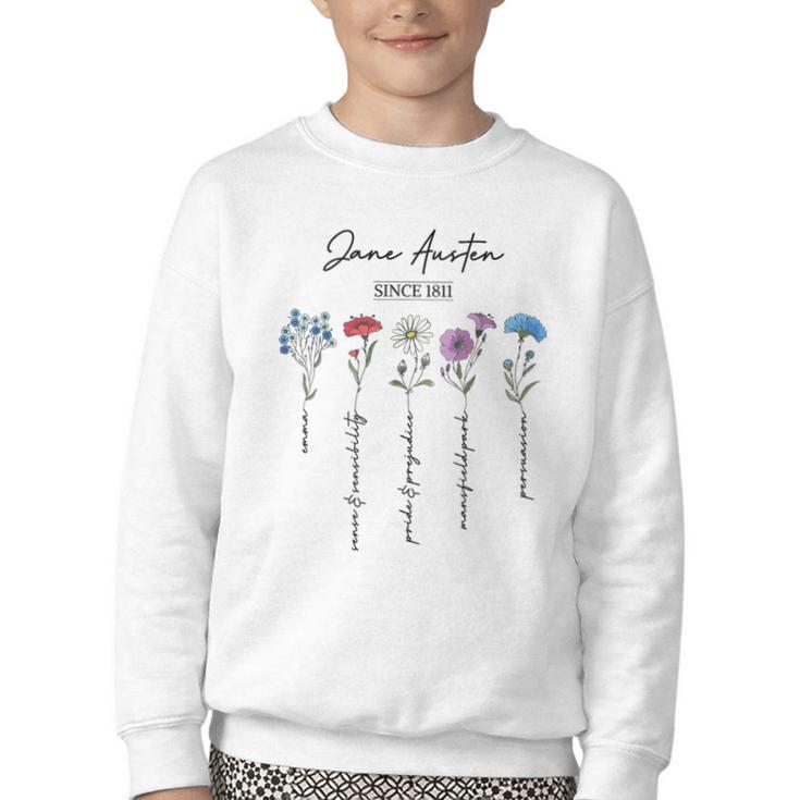 Bookish Feminist Jane Austen Fan Jane Austen Flower Books Youth Crewneck Sweatshirt