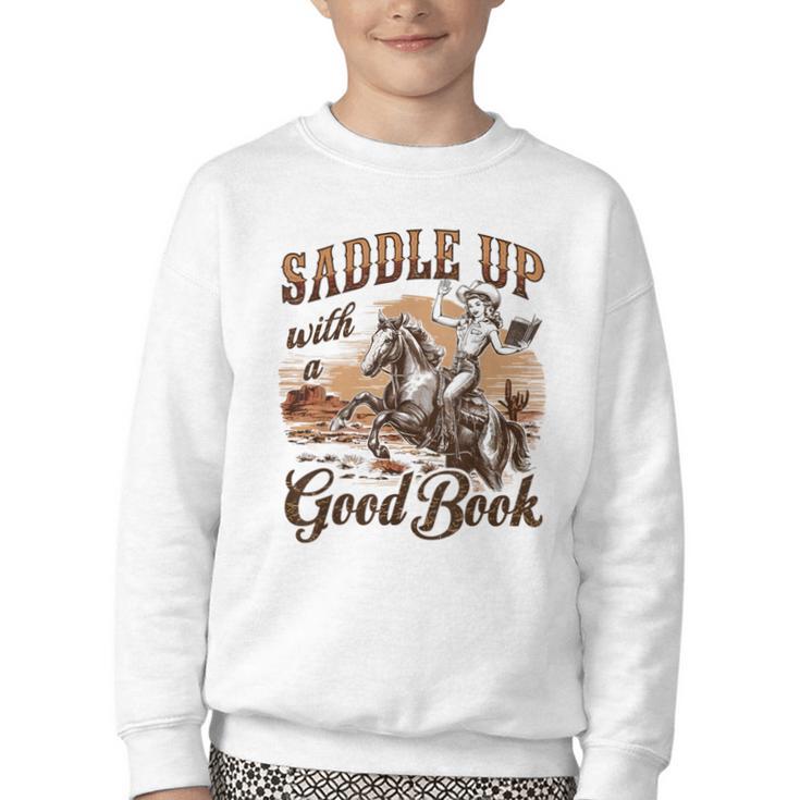Bookish Retro Western Cowgirl Texas Book Lover Novel Reader Youth Crewneck Sweatshirt