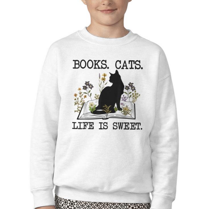 Books Cats Life Is Sweet Cat Book Lover Men Women Teen Youth Crewneck Sweatshirt