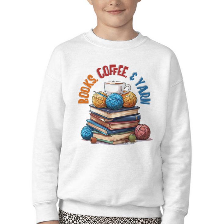 “Books Coffee & Yarn Enthusiast Cozy Reader Youth Crewneck Sweatshirt