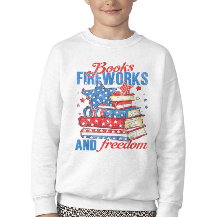 Books Fireworks And Freedom 4th Of July Book Lover Youth Crewneck Sweatshirt