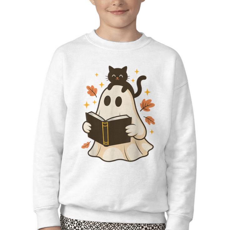 Books Ghost Reading Book Halloween Library Cat Fall Youth Crewneck Sweatshirt