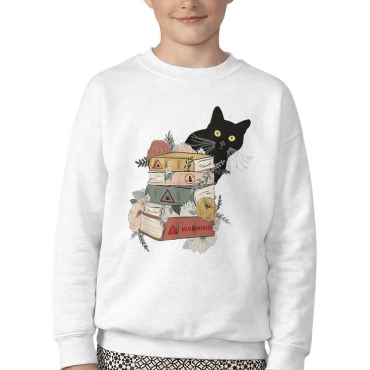 Cat And Books Flowers Reading Club Cat Lover Bookworm Youth Crewneck Sweatshirt