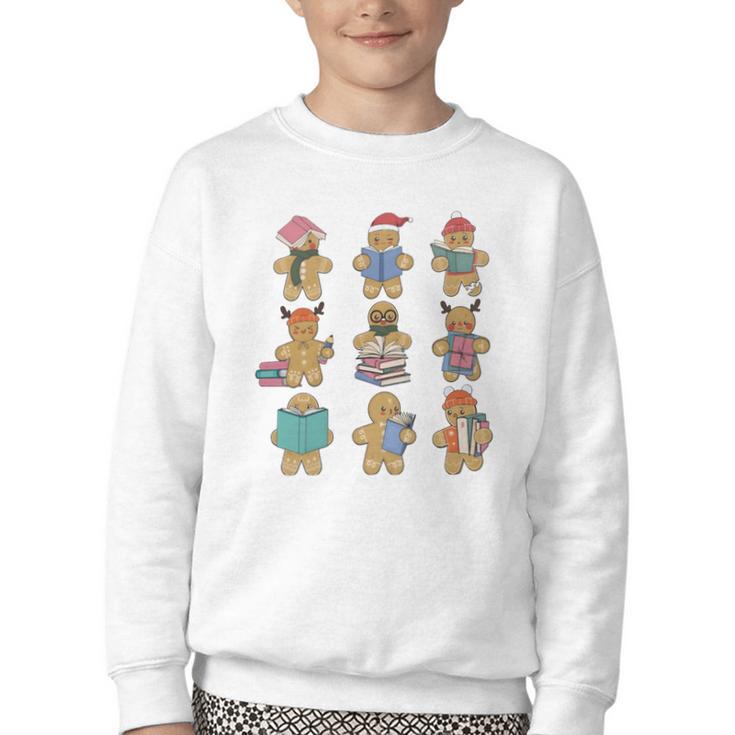 Christmas Library Gingerbread Man Books Lover Bookworm Youth Crewneck Sweatshirt