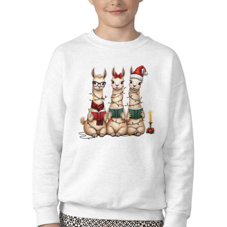 Christmas Three Llamas Reading Reading Books Llama Lover Youth Crewneck Sweatshirt