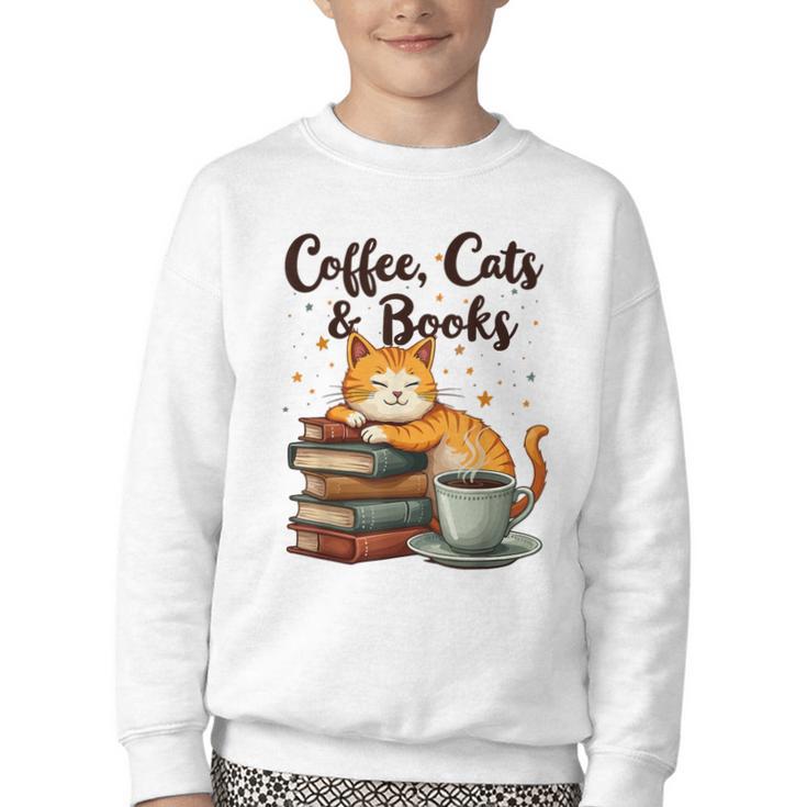 Coffee Cats And Books Lover For Women & Girls Coffee Youth Crewneck Sweatshirt