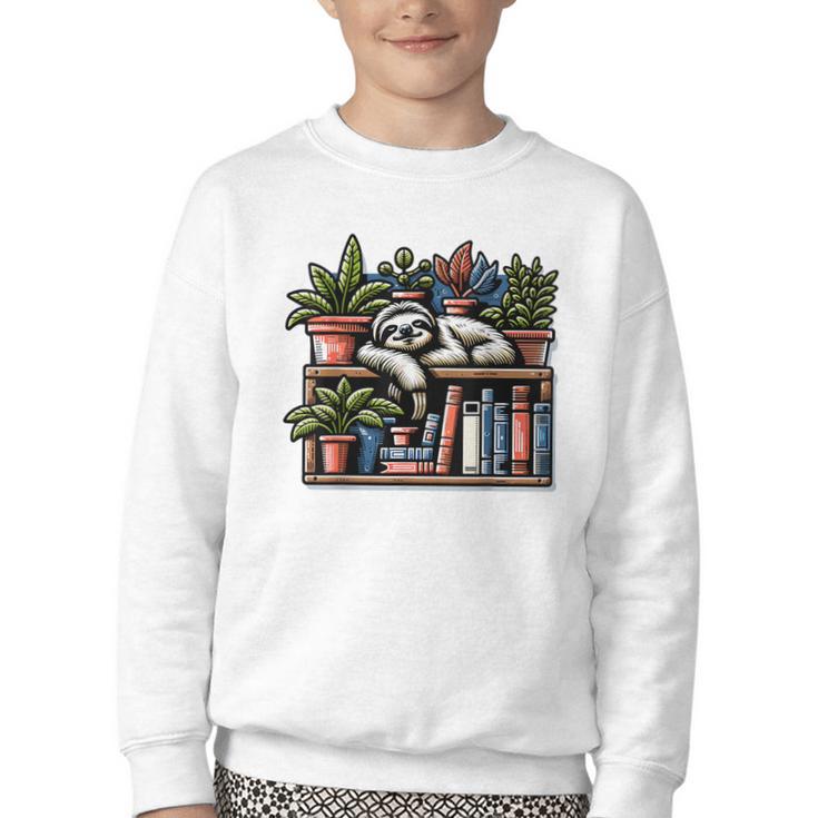 Cosy Sloth In Bookshelf With Plants Youth Crewneck Sweatshirt