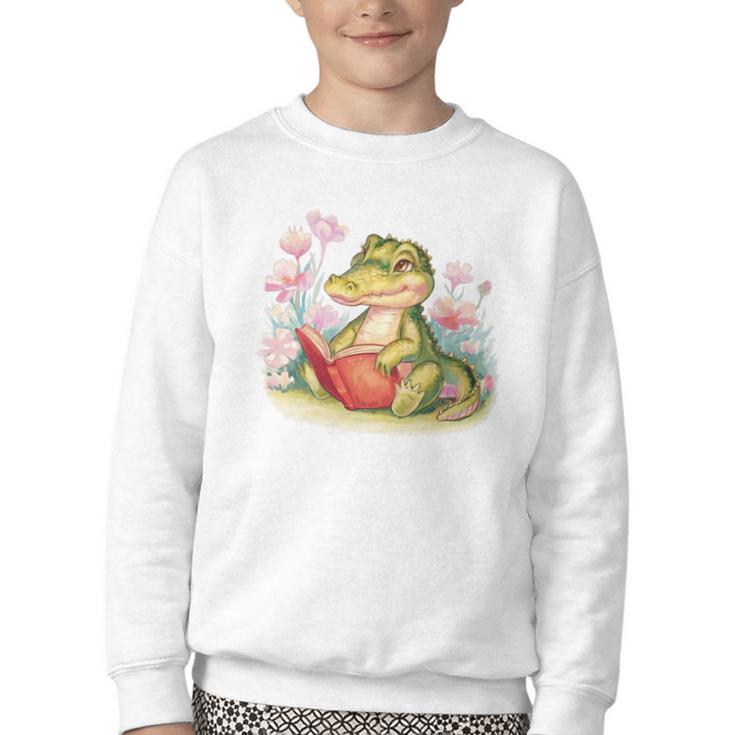 Crocodile Reading Book Watercolor Flowers Kids Youth Crewneck Sweatshirt