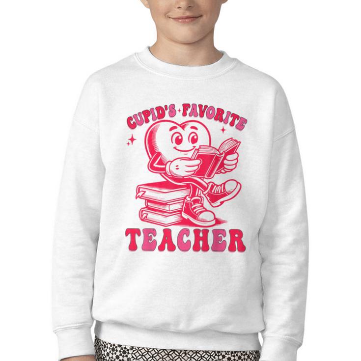 Cupid's Favorite Teacher Valentines Day Heart Book Lover Youth Crewneck Sweatshirt