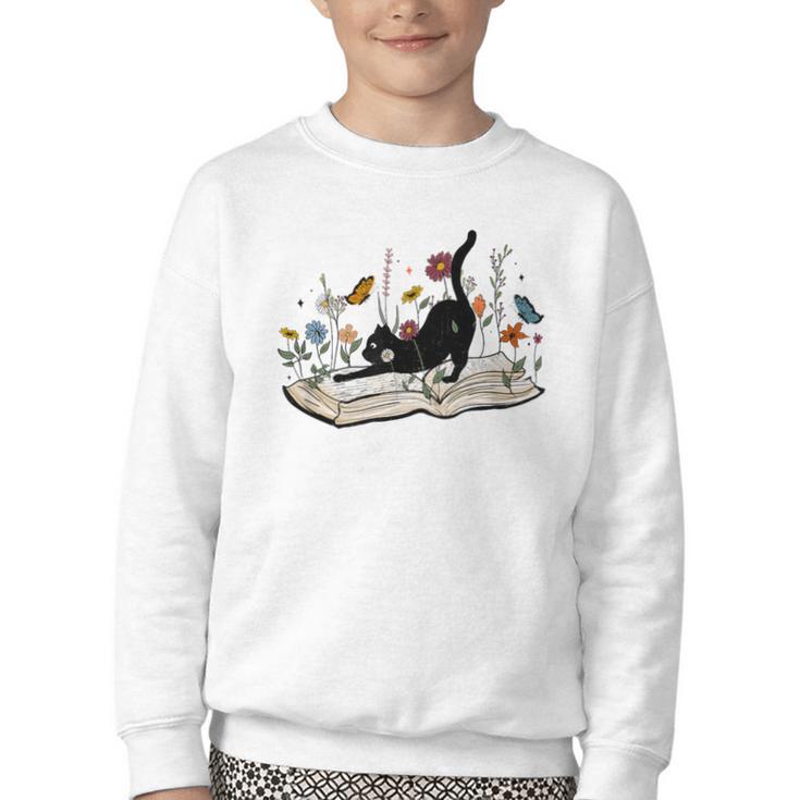 Cute Cat Flower Garden Book Kitty Reading Floral Men Women Girls Kids Youth Crewneck Sweatshirt