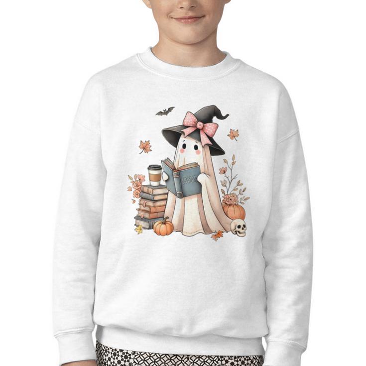 Cute Ghost Reading Book Librarian Book Lover Youth Crewneck Sweatshirt