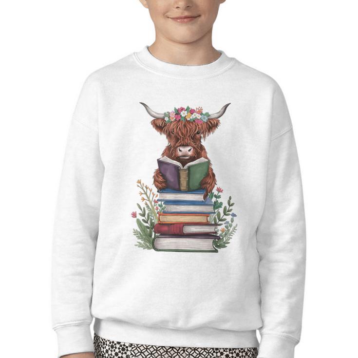 Cute Highland Cow With Book Floral Bookworm Librarian Book Youth Crewneck Sweatshirt