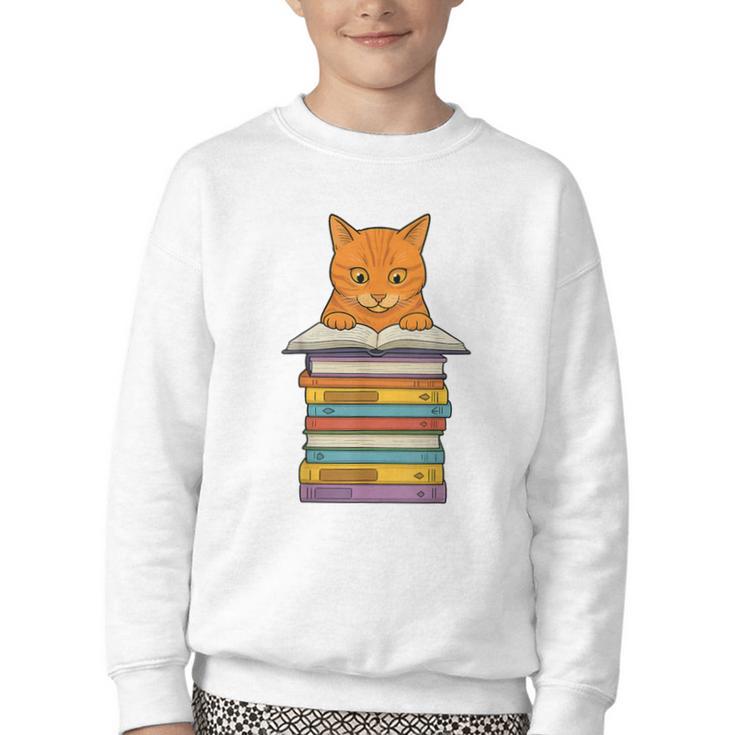 Cute Orange Tabby Cat Reading On Pile Of Books Youth Crewneck Sweatshirt