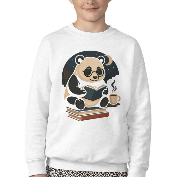 Cute Panda Reading Book Under Moon Bookworm Coffee Lover Youth Crewneck Sweatshirt
