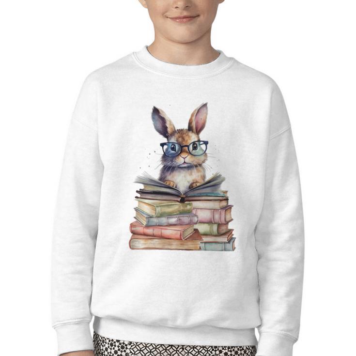 Cute Reading Bunny With Glasses Books Bookworm Reader Book Premium Tri-Blend Youth Crewneck Sweatshirt