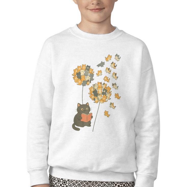 Cute Reading Cat With Kitten Dandelion Flowers Book Lover Youth Crewneck Sweatshirt