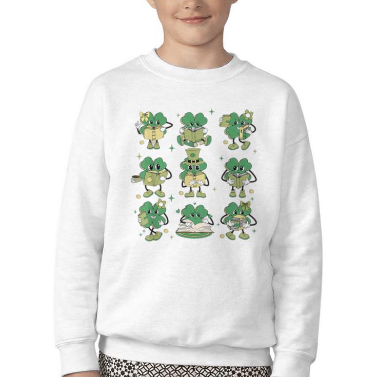 Cute Shamrock Reading Books St Patrick's Day Teacher Reading Youth Crewneck Sweatshirt