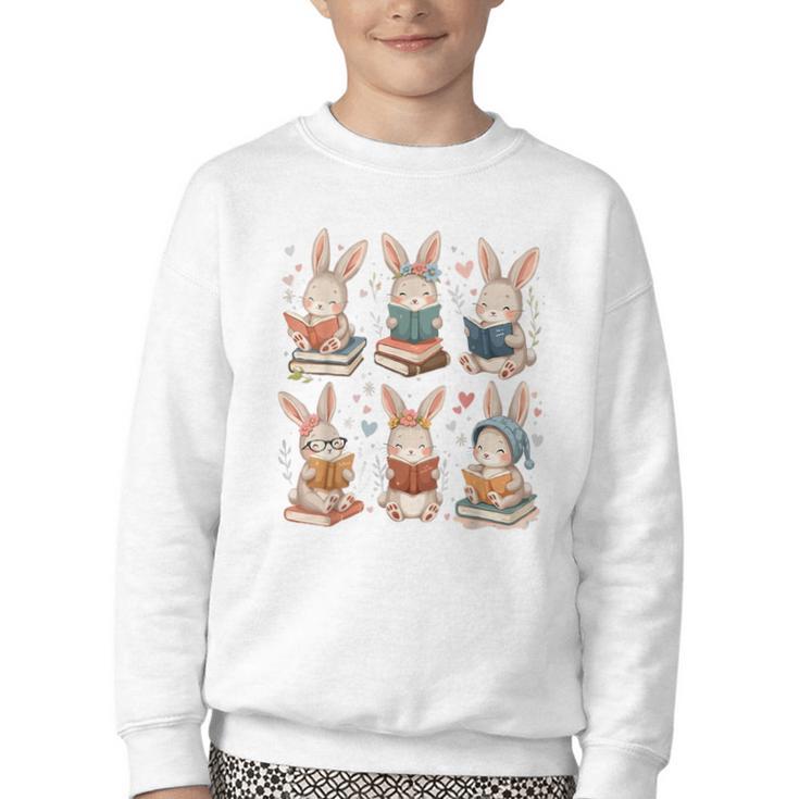 Cute Teacher Bunny Rabbit Reading Easter Bunnies Book Lovers Youth Crewneck Sweatshirt