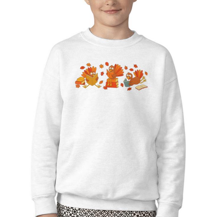 Cute Turkey Reading Book Librarian Bookworm Thanksgiving Men Youth Crewneck Sweatshirt