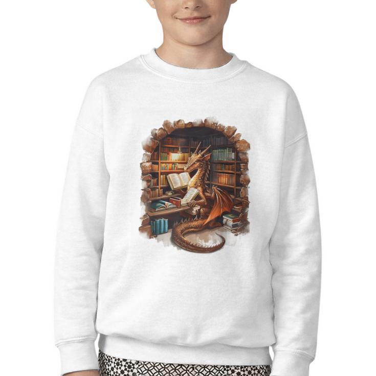 Fantasy Dragon Reading Book Lover Youth Crewneck Sweatshirt