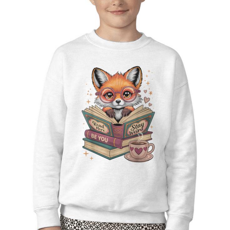 Fox Read Books Be Kind Stay Weird Reader Cute Nerd Bookworm Youth Crewneck Sweatshirt