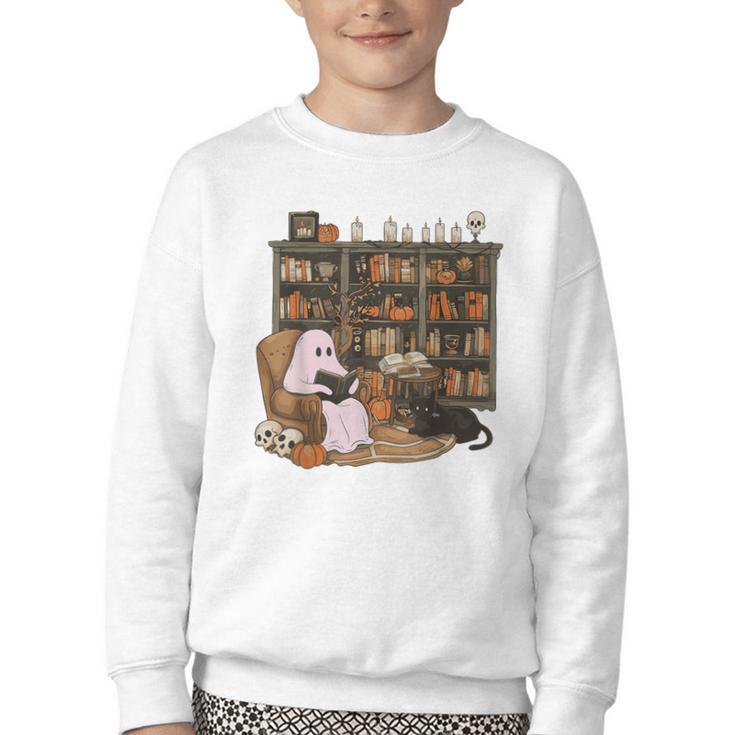 Ghost Reading Book Cat Lover Halloween Reading Enthusiast Youth Crewneck Sweatshirt