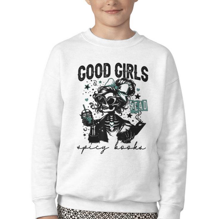 Good Girls Read Spicy Skeleton Book Club Youth Crewneck Sweatshirt