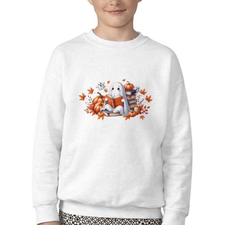 Halloween Book Lover Ghost Witch Books & Pumpkins Youth Crewneck Sweatshirt